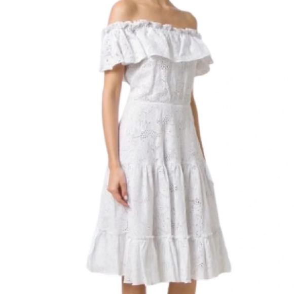 Isolda Eyelet Dress Size Small 4 Off The Shoulder Ruffled White Midi Lace Flare - Picture 14 of 15